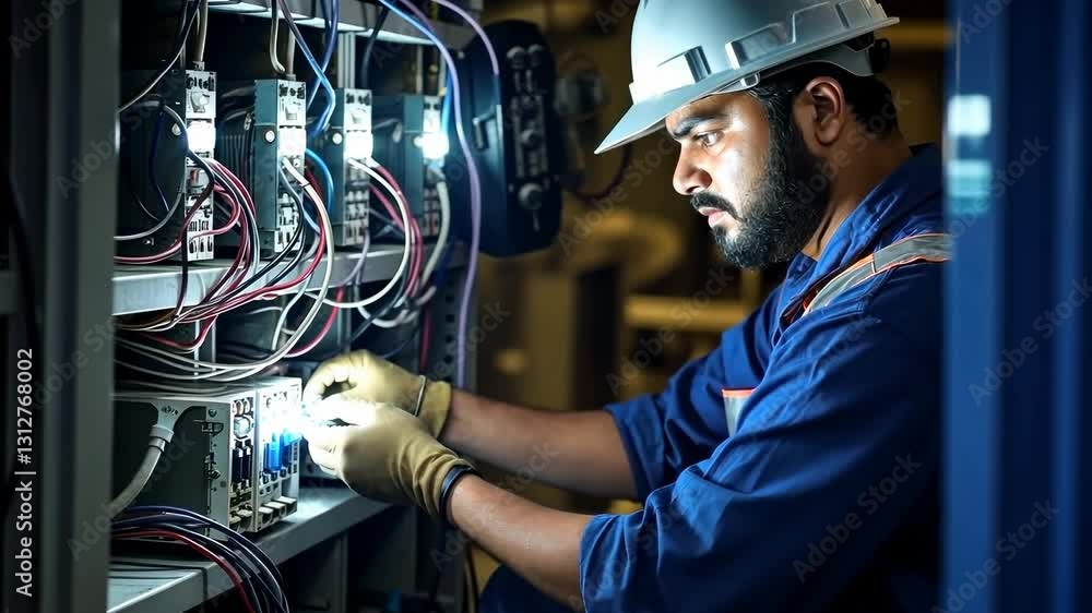 Poster close-up angle of an electrician working on a control panel, showcasing focus and precision. the vid