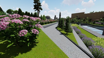 Fototapeta premium 3d image of the landscape design of the home territory. Landscaping of the territory. Computer visualization of composite landscaping and landscaping solutions.