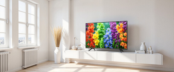 Vibrant nature scene on modern smart TV in minimalist living room, decor