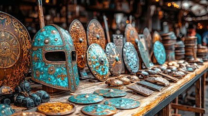 Ornate helmets and shields displayed on a wooden market stall