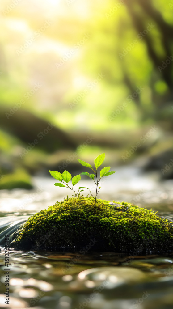 Poster new life growing on a rock covered in moss in a river with a blurred forest in the background