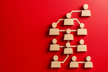 Business and employees hierarchy table. Organization chart, company leveling map, or organigram. Wooden labels on a red background with a structure tree diagram. Human resources career path