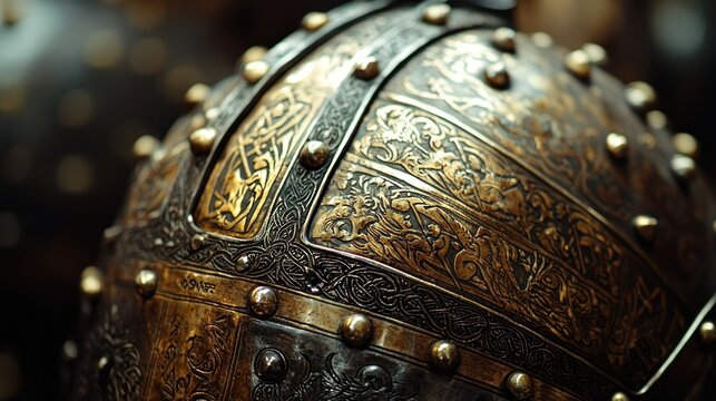 Ornate Medieval Helmet Detail, Museum Display