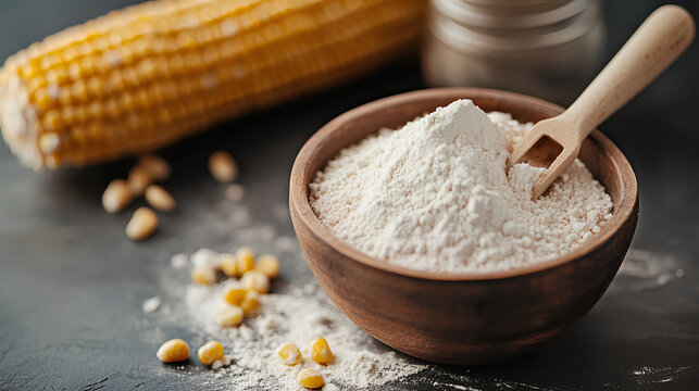 cornstarch in a wooden bowl with ripe corn cobs and kernels on a dark surface