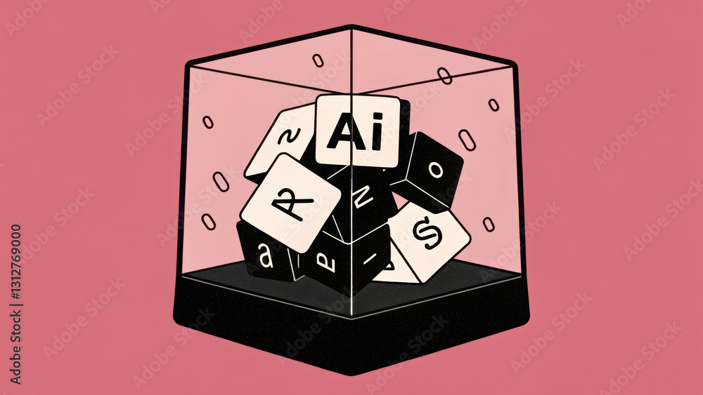 Poster transparent cube filled with shifting letters creates dynamic visual