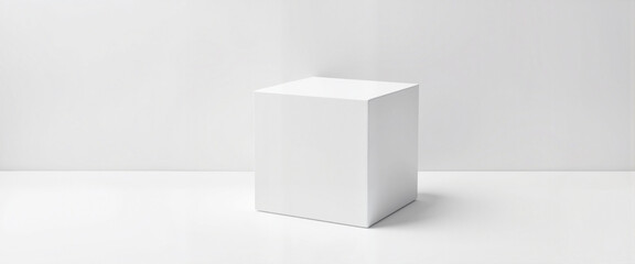 Minimalist white cube box on smooth surface with strong shadows, mockup