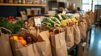 Freshly packed grocery bags showcasing a variety of fruits and vegetables for sale at a local store