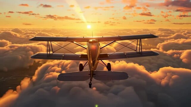 A vintage biplane flies above clouds at sunset, captured from a front-facing angle. The video conveys adventure and nostalgia with warm tones.