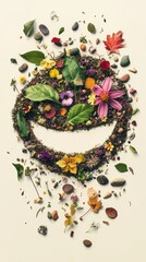 A botanical composition arranged in a smiling face formation