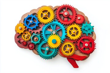 Colorful wooden gears interact with a human brain, symbolizing unique thinking patterns, individuality, and creative problem-solving associated with autism and neurodiverse minds.