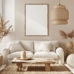 Minimalist living room interior with a white sofa. wooden coffee table. and a large framed poster on the wall