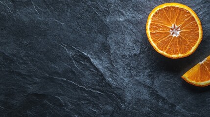 Freshly sliced orange showing juicy segments on a dark stone surface