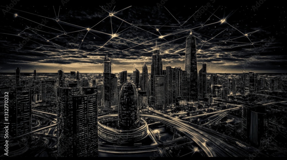Poster dark toned skyline with interconnected network pattern.