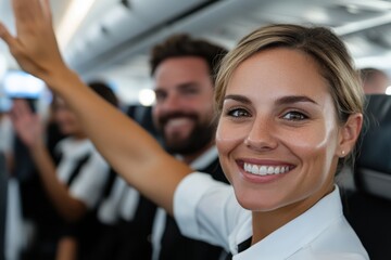 A cheerful flight attendant waves to passengers inside the airplane cabin, showcasing warmth and friendliness in a travel environment filled with positive energy.