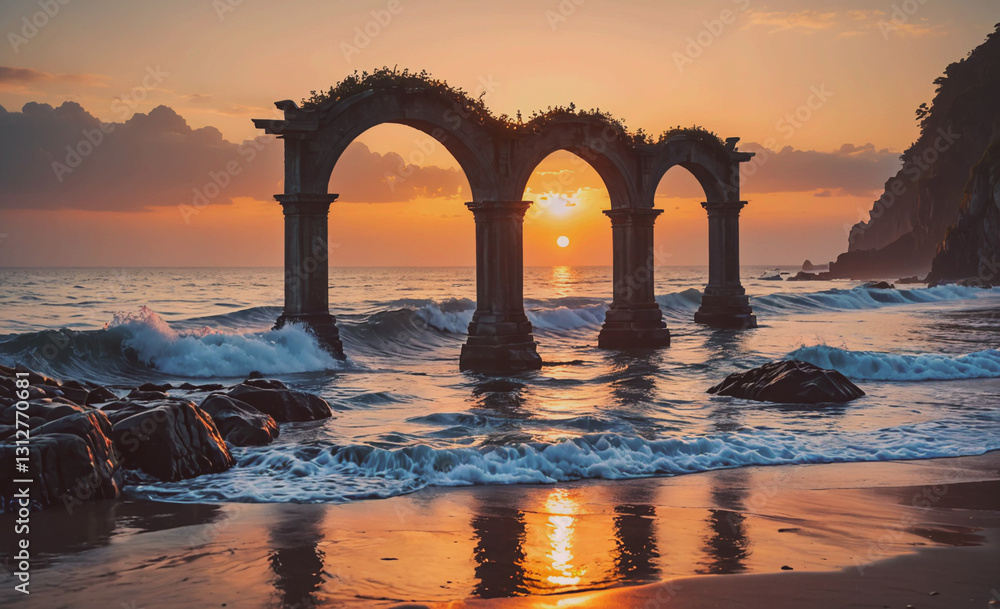 Aufkleber the archway is in the ocean and the sun is setting. the archway is made of stone and is in the water
