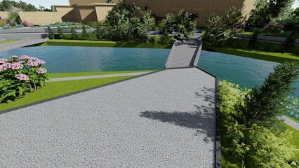 3d image of the landscape design of the home territory. Landscaping of the territory. Computer visualization of composite landscaping and landscaping solutions.