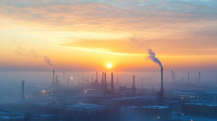 Naklejka premium Industrial oil refinery chimneys releasing smoke at winter sunrise, stark silhouettes contrasting colorful orange, yellow, blue sky background