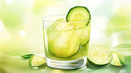 Fototapeta premium Refreshing cucumber lime cocktail served in glass garnished with cucumber slices and lime wedges on a soft green background