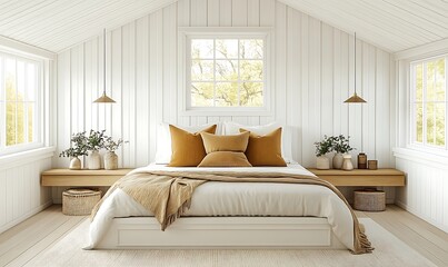 Bright White and Mustard Yellow Bedroom Interior Design