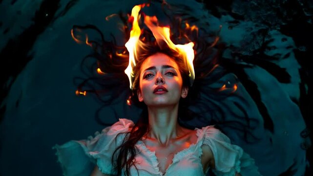 Unhappy girl suffers. Dark fantasy genre. Fairytale video clip. Mystic female in other world.	
