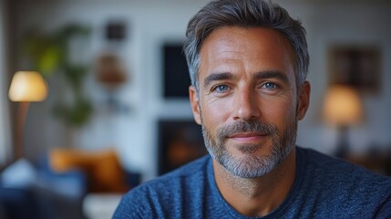 Obraz premium Portrait of a smiling man in a cozy living room with warm lighting and soft furnishings