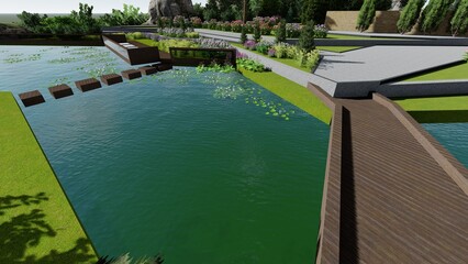 3d image of the landscape design of the home territory. Landscaping of the territory. Computer visualization of composite landscaping and landscaping solutions.