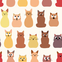 Seamless pattern with cute kitten print. Different scandy cats on color background. Scandinavian style illustration for kids. Vector illustration for fabric, textile, wallpaper, home clothing, pajama.