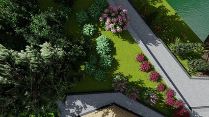 3d image of the landscape design of the home territory. Landscaping of the territory. Computer visualization of composite landscaping and landscaping solutions.