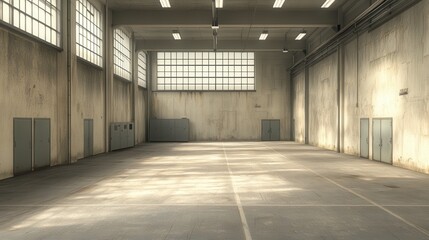 Sunlight is shining through the large windows of an empty industrial warehouse interior with concrete walls and floor, metal doors and fluorescent lighting