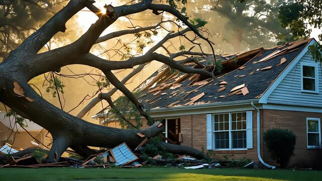 Uprooted tree crashes onto a suburban home after a powerful storm causing severe damage
