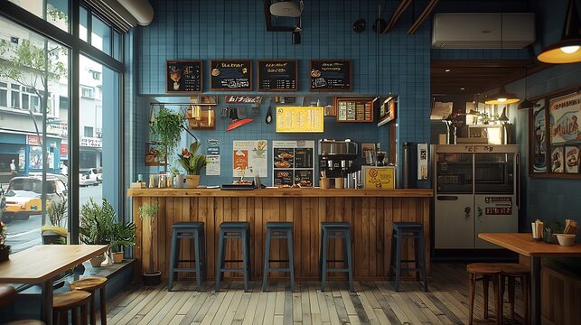 Cozy Cafe Interior Rustic Wooden Bar Teal Walls Vintage Design