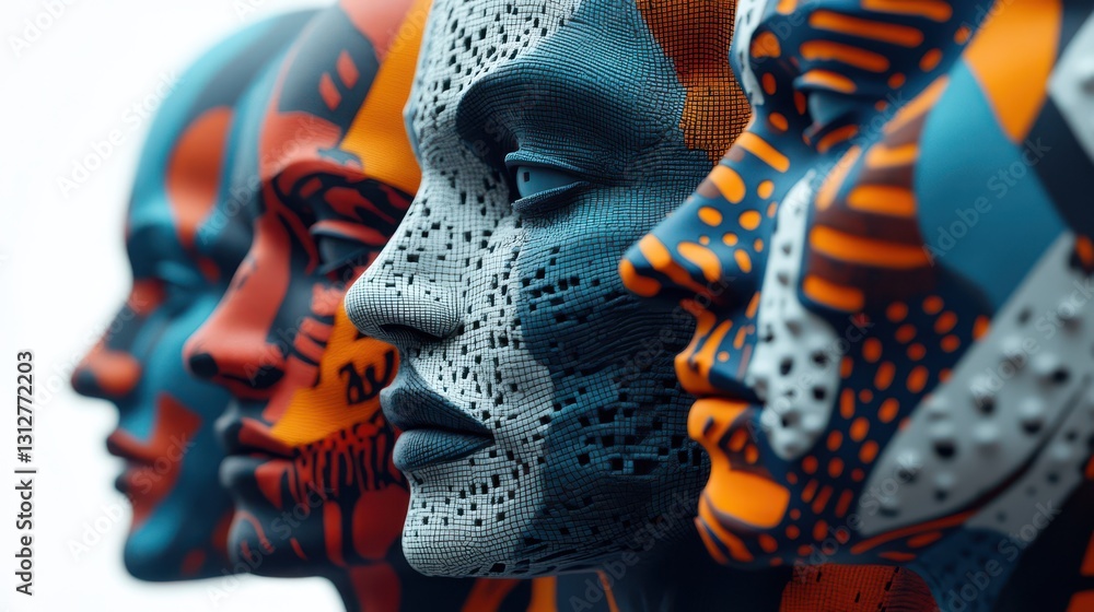 Poster A compelling 3D render showcasing a set of abstract faces, each with unique, stylized features.