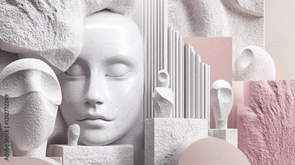 Poster A compelling 3D render showcasing a set of abstract faces, each with unique, stylized features.