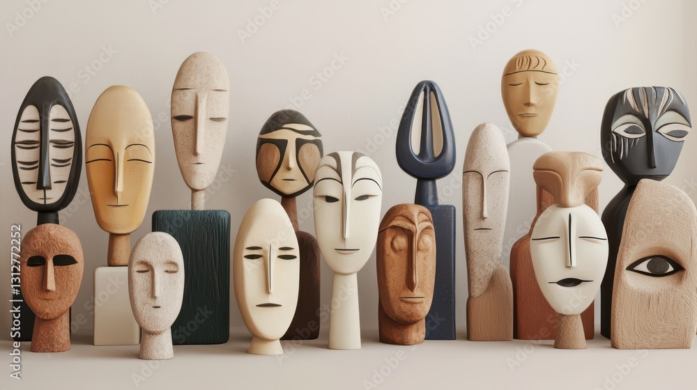 Poster A compelling 3D render showcasing a set of abstract faces, each with unique, stylized features.