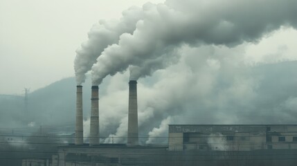 Thick smoke rising from industrial smokestacks symbolizing environmental pollution, carbon emissions, and urgent need for sustainable industrial practices