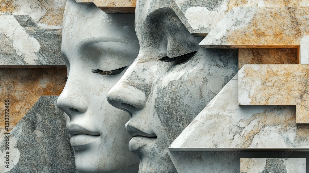 Poster A compelling 3D render showcasing a set of abstract faces, each with unique, stylized features.