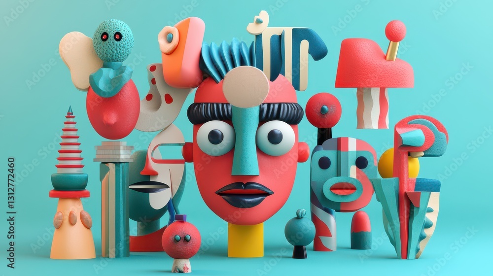 Poster A compelling 3D render showcasing a set of abstract faces, each with unique, stylized features.