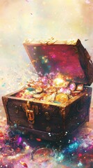 A wooden treasure chest overflowing with glittering golden riches