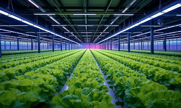Indoor Farm with Rows of Green Lettuce under Pink and Blue LED Lights