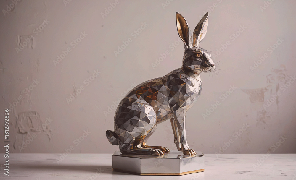 Poster silver rabbit statue sits on a white table. the rabbit is sitting on a pedestal and he is looking at