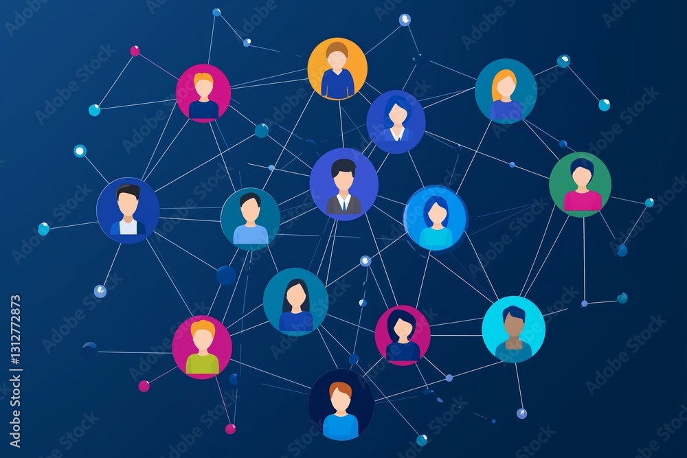 Poster human resource graphic design showing colorful avatars connected in a network for teamwork and colla