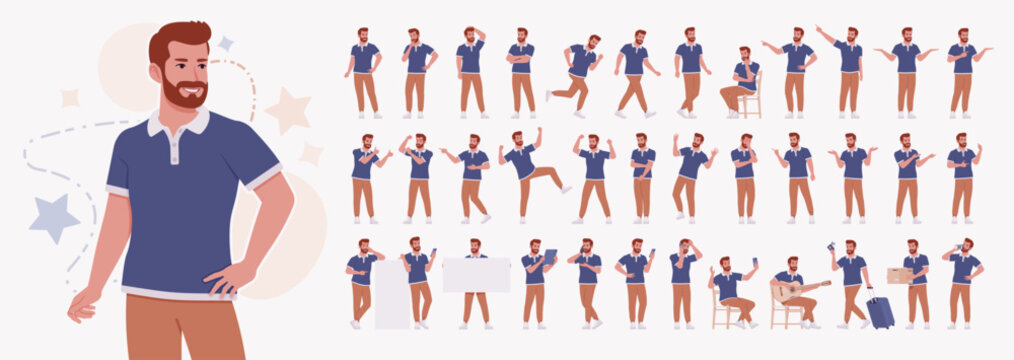 Man, bearded handsome guy in casual sporty wear character set. Stylish athletic sportswear polo boy, modern active fit city leisure, comfort sport bundle, healthy wellness life. Vector illustration