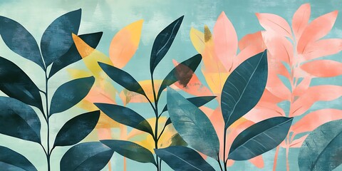 Teal, peach, and yellow leaves on a light blue background.  Abstract botanical illustration