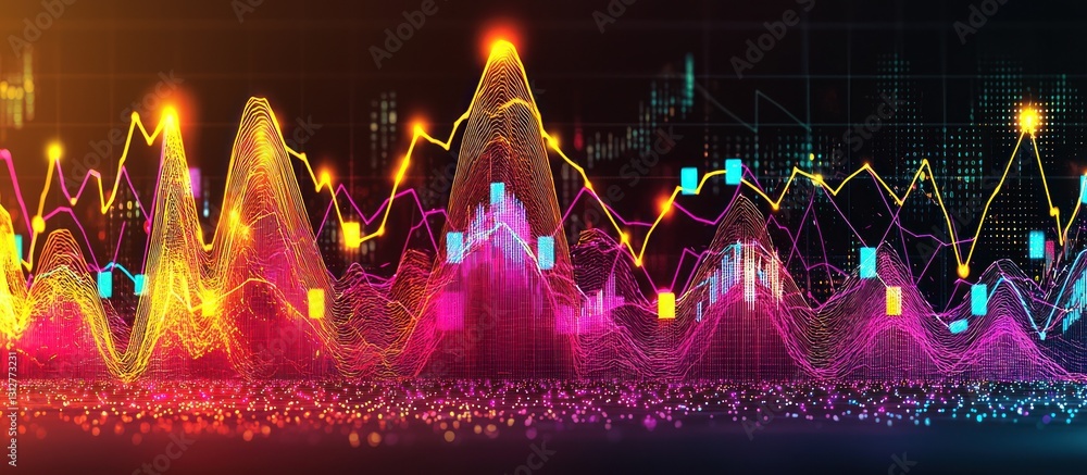 Poster dynamic financial data visualization: a colorful representation of market trends and fluctuations