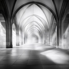Obraz premium Gothic Archway in Majestic Cloister with Soft Light Illuminating Stone Columns