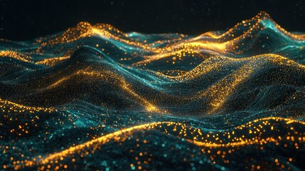 Glowing Abstract Landscape: Teal and Gold Particle Waves
