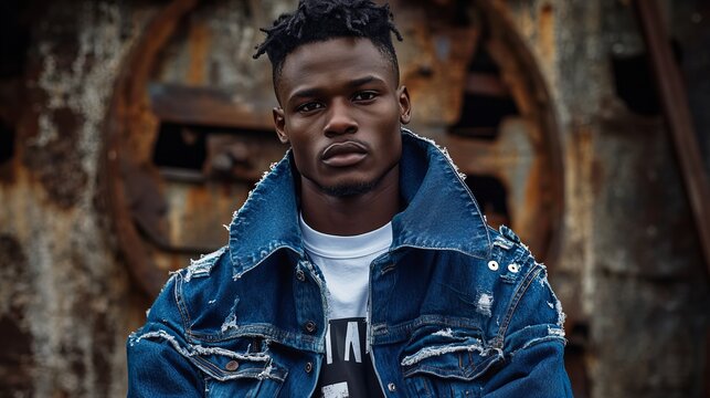 Portrait of a young Black man with dreadlocks, wearing a distressed denim jacket, against a rusty metal background.