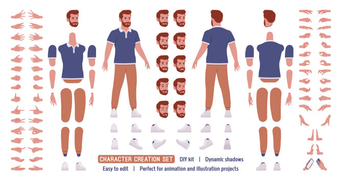 Man, bearded handsome guy in casual sporty wear DIY character creation set. Stylish sportswear, active fit body figure parts. Head, leg, hand gestures, emotions, construction kit. Vector illustration