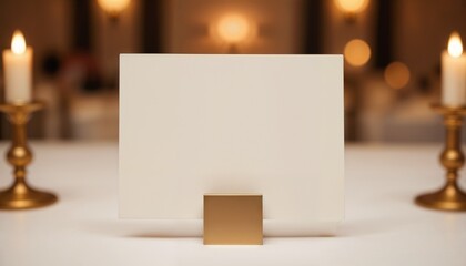 Blank table place card in a gold holder with candles in a fine dining setting