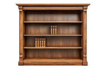 Elegant wooden bookshelf with empty shelves and classic books in a cozy reading space